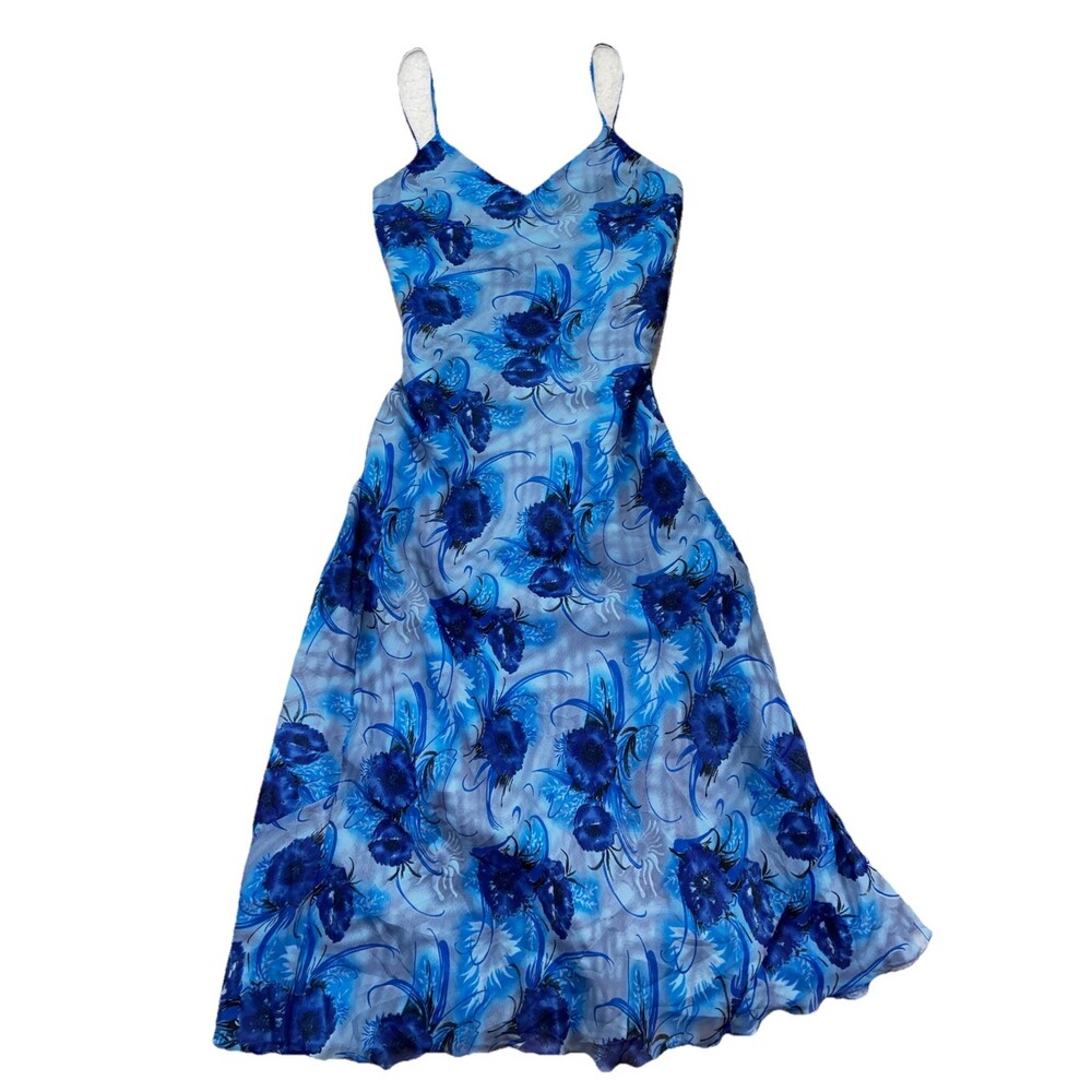 Y2k 90s Tu-Lips Blue Fairy Chiffon Dress Floral Dainty Boho Whimsy VTG XLarge